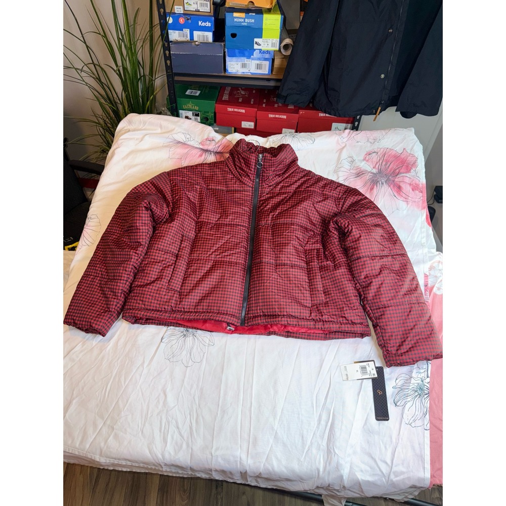 Celebrity Pink Womens XL Red Black Gingham Puffer Jacket Full Zip Quilted Coat